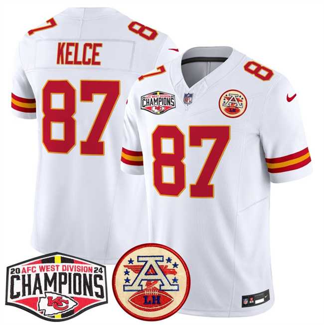 Mens Kansas City Chiefs #87 Travis Kelce White F.U.S.E. 2024 AFC West Division Champions Vapor Limited Stitched Jersey